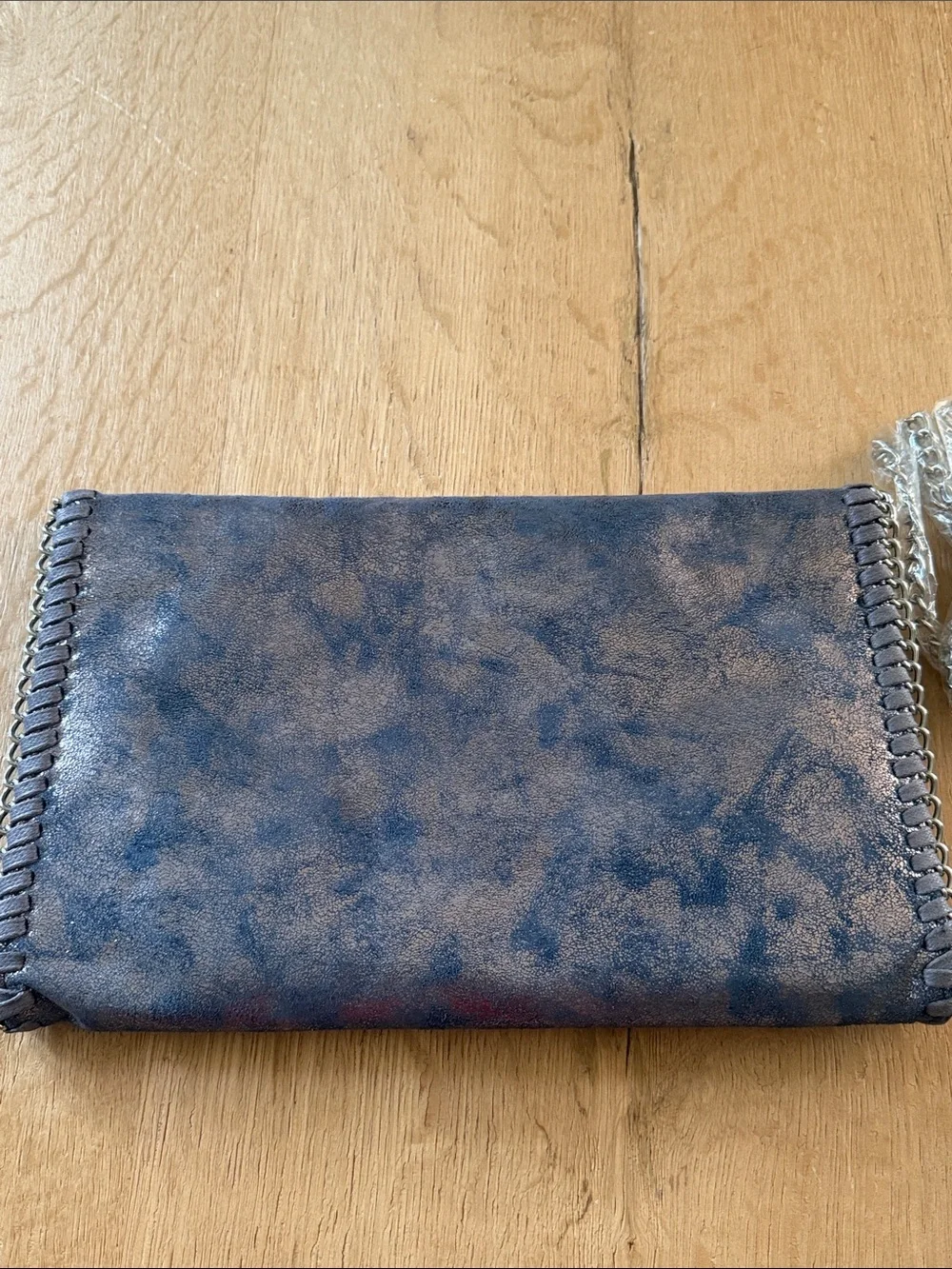 Phaser Purplish Gray Metallic Leather Crossbody Clutch with Chain Trim